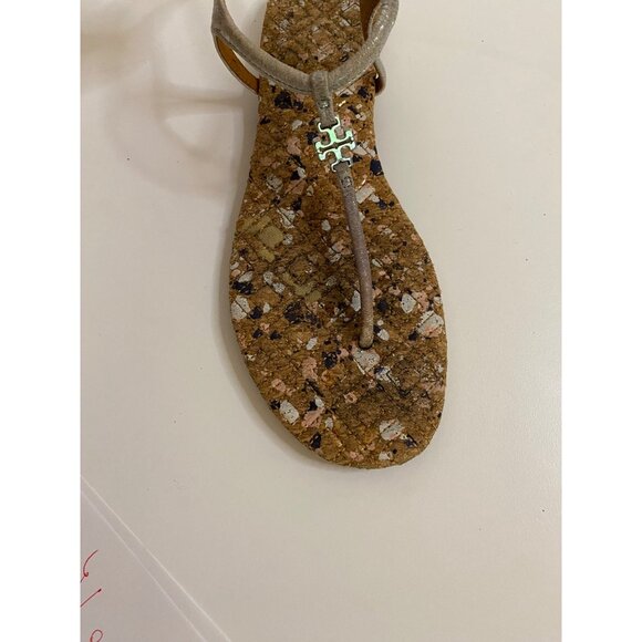 TORY BURCH‎ Marion Confetti Quilted T-Strap Sandals Women 6M Silver Logo Shoes - Picture 12 of 15